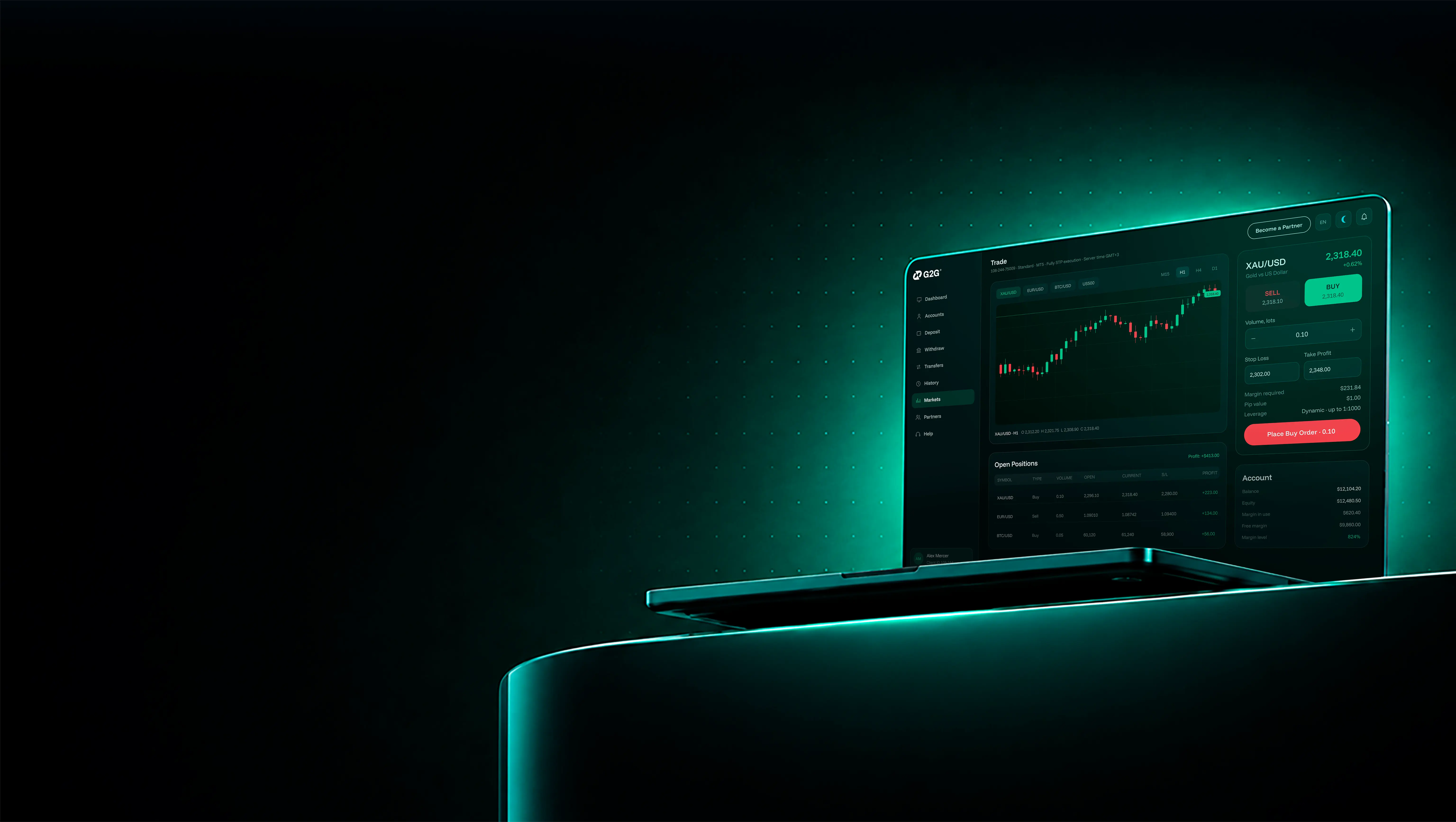 G2G trading platform shown on a MacBook